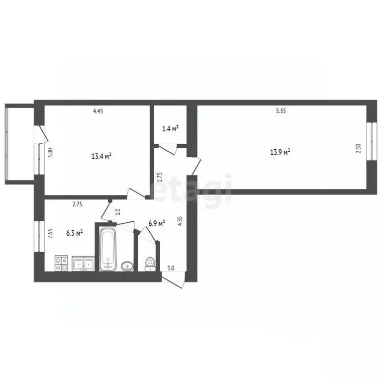 2-к кв. Крым, Симферополь ул. Дмитрия Ульянова (45.8 м) - Фото 1