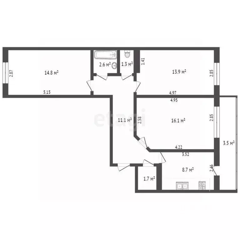 3-к кв. Татарстан, Набережные Челны просп. Чулман, 35 (77.2 м) - Фото 2