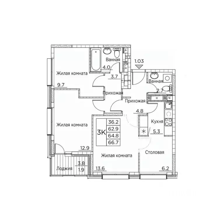 3-к кв. Приморский край, Владивосток ул. Расула Гамзатова, 7к3 (66.7 ... - Фото 1