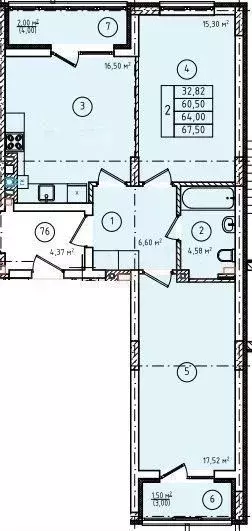 2-к. квартира, 64 м, 3/8 эт. - Фото 1