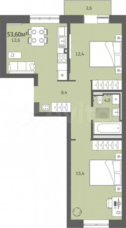 2-к. квартира, 53,6 м, 6/9 эт. - Фото 0
