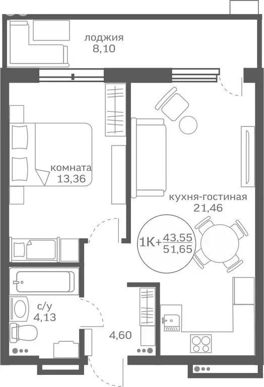 1-комнатная квартира: деревня Патрушева, улица Петра Ершова, 10 (43.5 ... - Фото 0