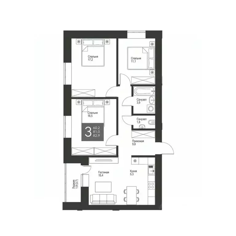 3-к кв. Татарстан, Альметьевск ул. Гафиатуллина, 60 (82.9 м) - Фото 0