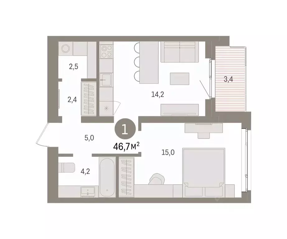 1-к кв. Свердловская область, Екатеринбург пер. Торфяной, 4 (46.7 м) - Фото 1