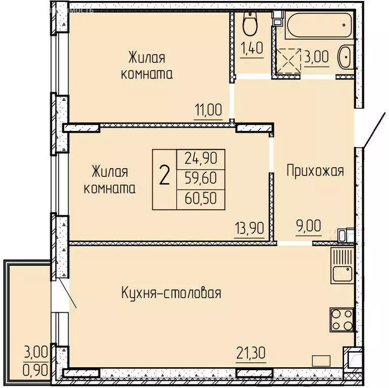 2-комнатная квартира: Батайск, улица Макаровского, 4к1 (60.4 м) - Фото 0