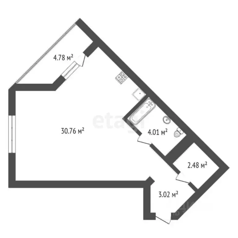 Студия Тюменская область, Тюмень ул. Тимофея Кармацкого, 7 (42.8 м) - Фото 1