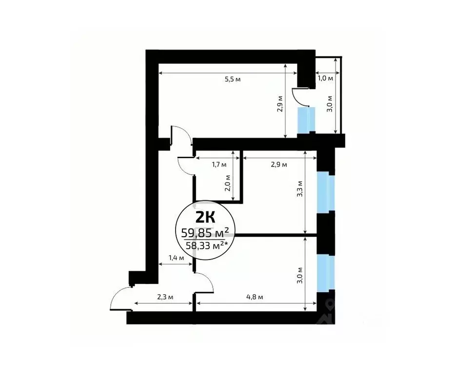 2-к кв. Самарская область, Самара пос. Мехзавод, 1-й кв-л, 50 (59.85 ... - Фото 2