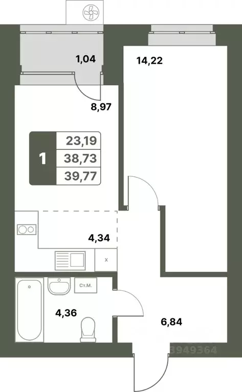 1-к кв. Башкортостан, Уфимский район, с. Миловка  (39.77 м) - Фото 1