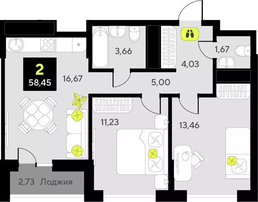 2-комнатная квартира: Тюмень, улица Пожарных и Спасателей, 8 (58.45 м) - Фото 0