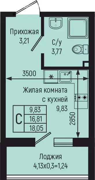 Квартира-студия: село Небуг, квартал Спортивный (18.05 м) - Фото 0