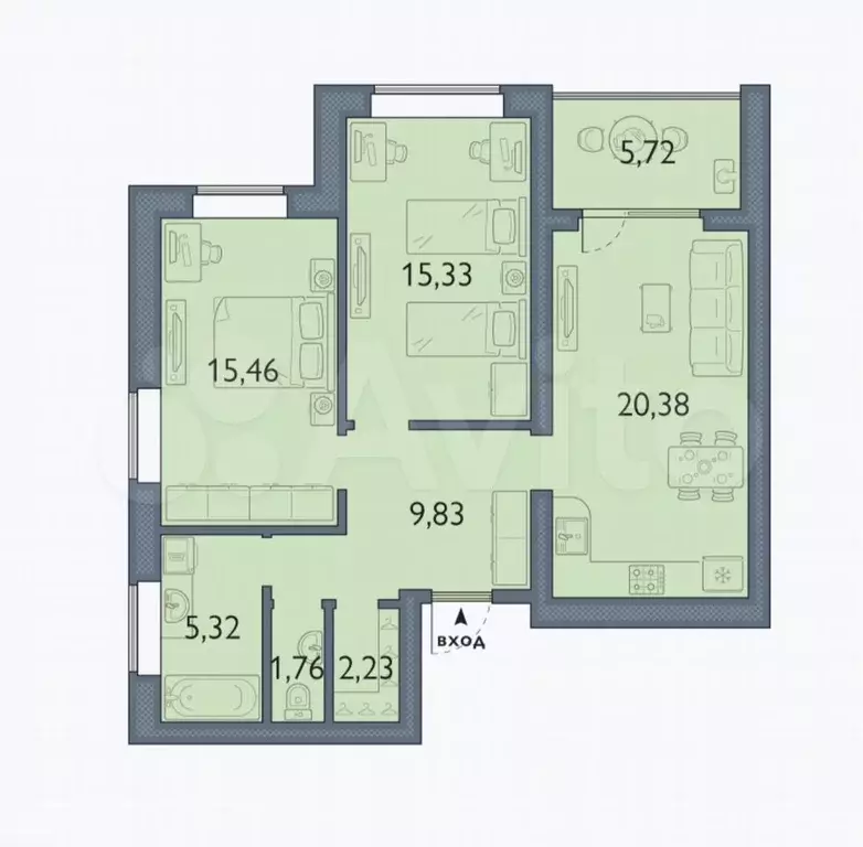 2-к. квартира, 76,4 м, 5/5 эт. - Фото 1