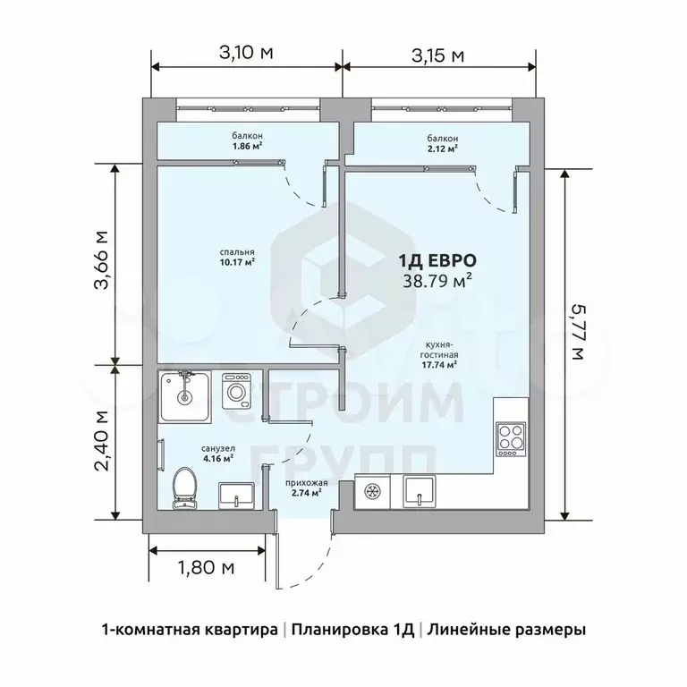 1-к. квартира, 38,8 м, 4/15 эт. - Фото 1