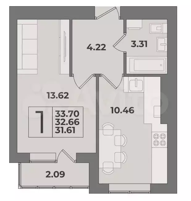 1-к. квартира, 32,7 м, 9/9 эт. - Фото 1