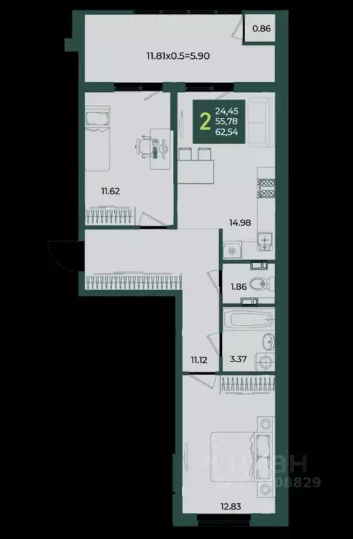 2-к кв. Краснодарский край, Краснодар ул. Адмирала Макарова, 5к1 ... - Фото 1