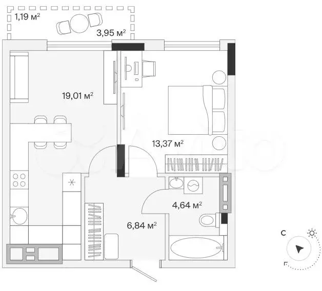 1-к. квартира, 45,5 м, 7/7 эт. - Фото 1