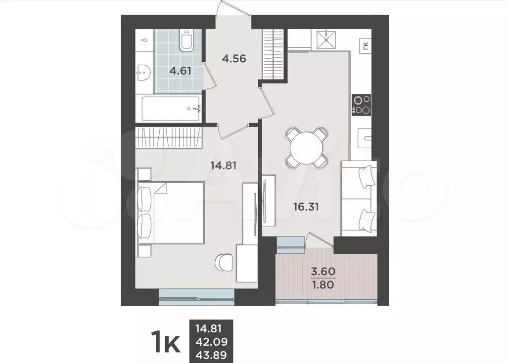1-к. квартира, 42,1 м, 8/9 эт. - Фото 1