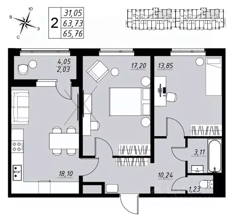 2-к кв. Тамбовская область, Тамбов ул. Имени Павла Строганова, 11Д ... - Фото 2