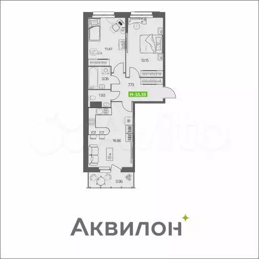 2-к. квартира, 55,4м, 6/8эт. - Фото 1