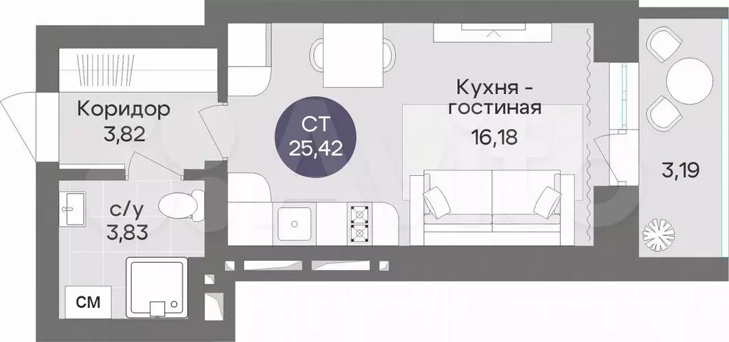 Квартира-студия, 25,4 м, 9/15 эт. - Фото 0