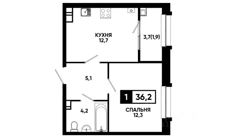 1-к кв. Ставропольский край, Кисловодск ул. Катыхина, 185 (36.2 м) - Фото 1