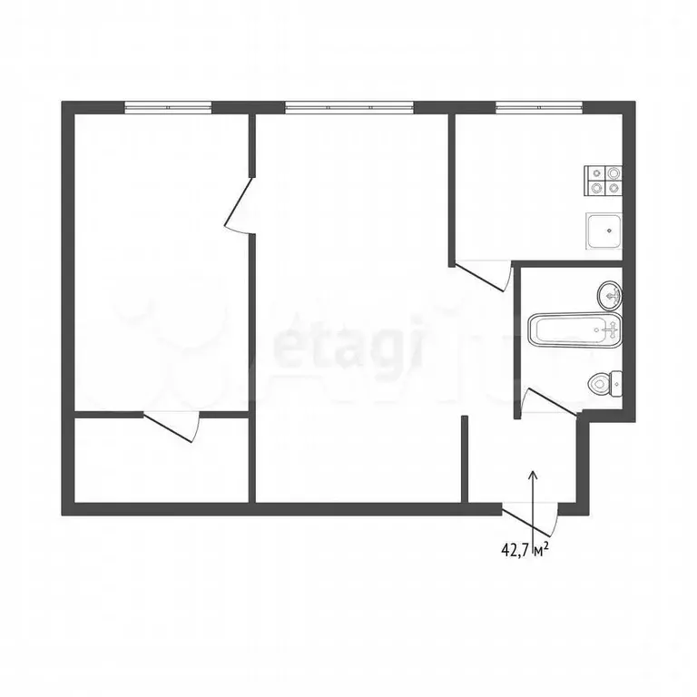2-к. квартира, 42,7 м, 1/5 эт. - Фото 0