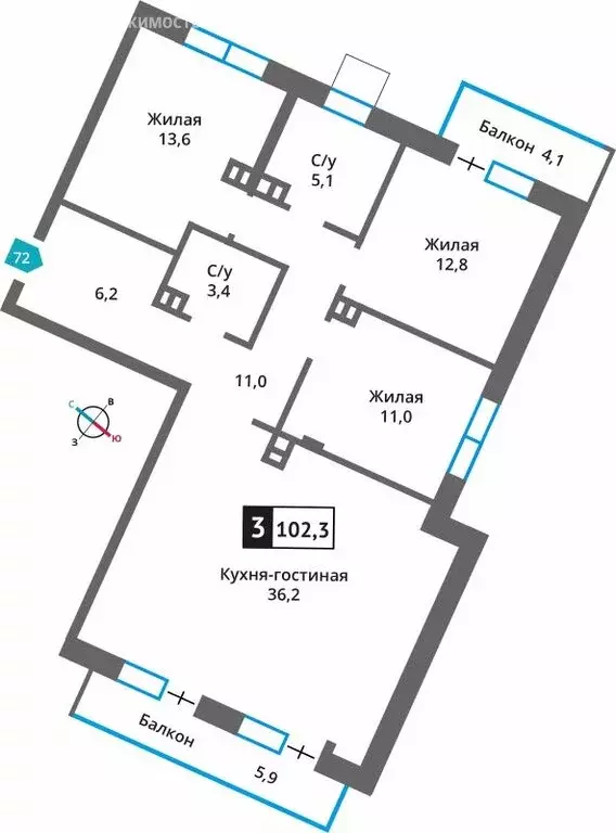 3-комнатная квартира: Московская область, городской округ Красногорск, ... - Фото 2