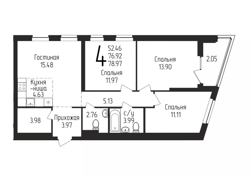 4-к кв. Башкортостан, Уфа ул. Бородинская, 19/1 (78.97 м) - Фото 0