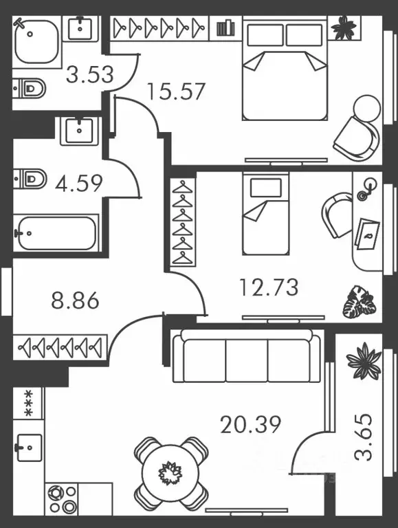 2-к кв. Тульская область, Тула ул. Карпова, 103А (69.32 м) - Фото 0