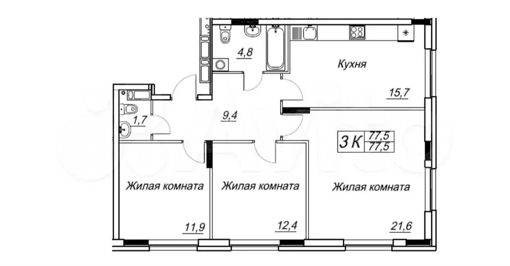 3-к. квартира, 78,5 м, 2/17 эт. - Фото 0