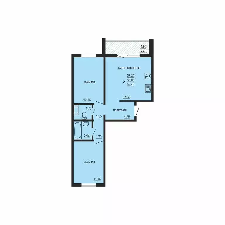 2-комнатная квартира: Западный, улица Дружбы, 6 (55.46 м) - Фото 0
