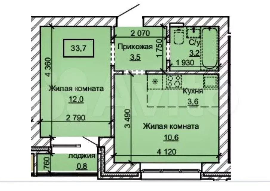 2-к. квартира, 33,7 м, 10/10 эт. - Фото 0