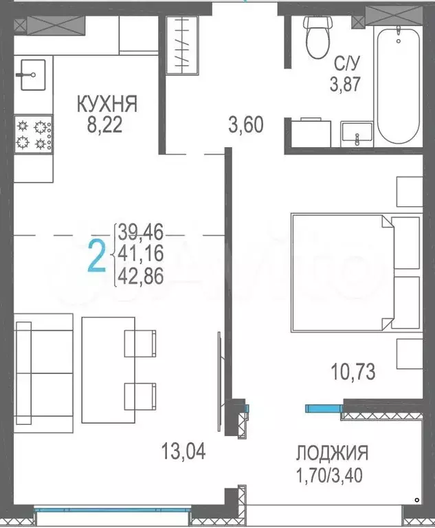 2-к. квартира, 41,2 м, 6/8 эт. - Фото 0