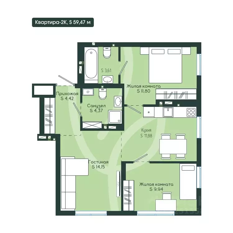3-к кв. Кемеровская область, Новокузнецк Клевер жилой комплекс (59.47 ... - Фото 2