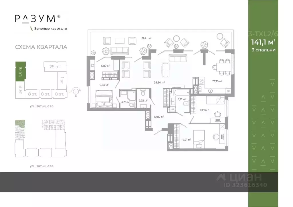 3-к кв. Астраханская область, Астрахань Зеленые кварталы жилрайон,  ... - Фото 2