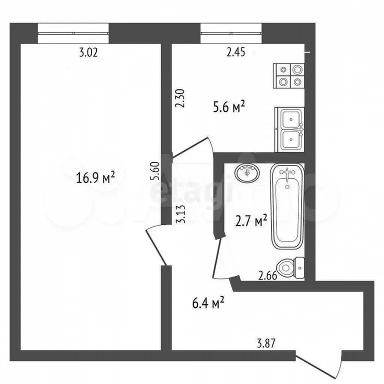1-к. квартира, 31,6 м, 1/5 эт. - Фото 0