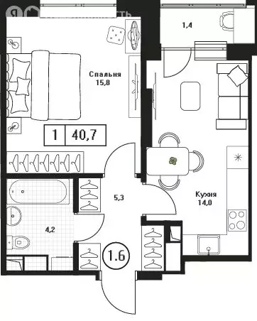 1-комнатная квартира: Пушкино, ЖК Пушкино Град (40.7 м) - Фото 1