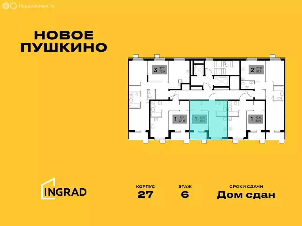 1-комнатная квартира: Пушкино, микрорайон Новое Пушкино, к27 (33.5 м) - Фото 1