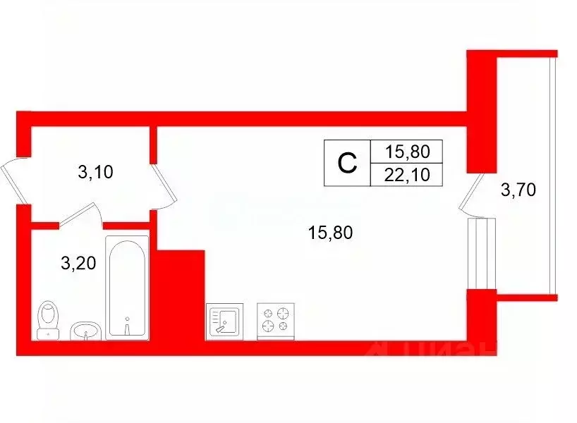 Студия Санкт-Петербург Новолитовская ул., 4 (22.1 м) - Фото 2
