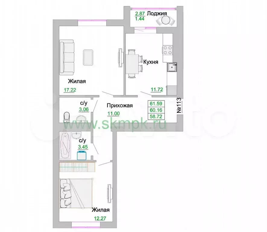 2-к. квартира, 60,2 м, 8/9 эт. - Фото 1