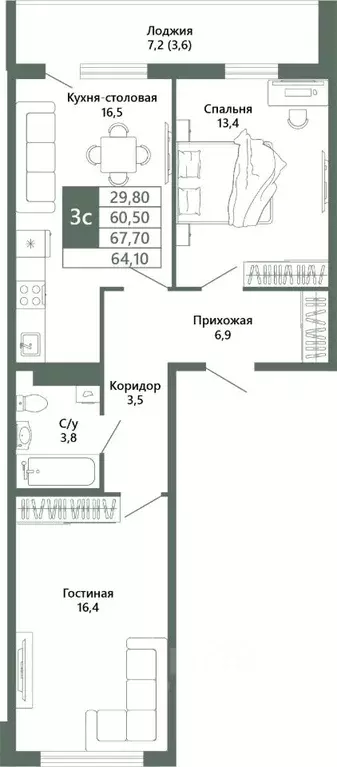 2-к кв. Кемеровская область, Кемерово 64-й мкр, Лучи жилой комплекс ... - Фото 2