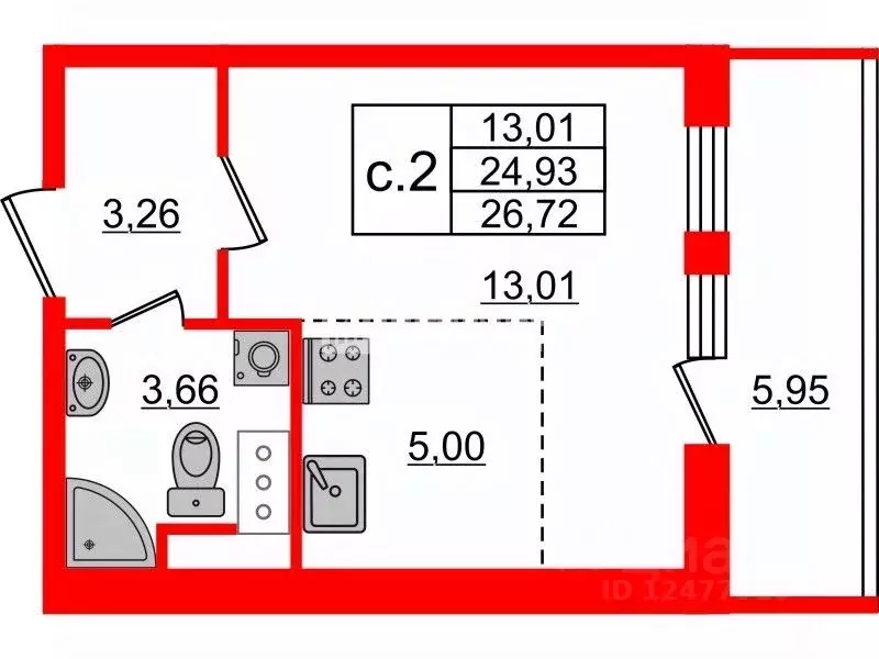 Студия Санкт-Петербург ул. Верхне-Каменская, 3к1 (24.9 м) - Фото 2