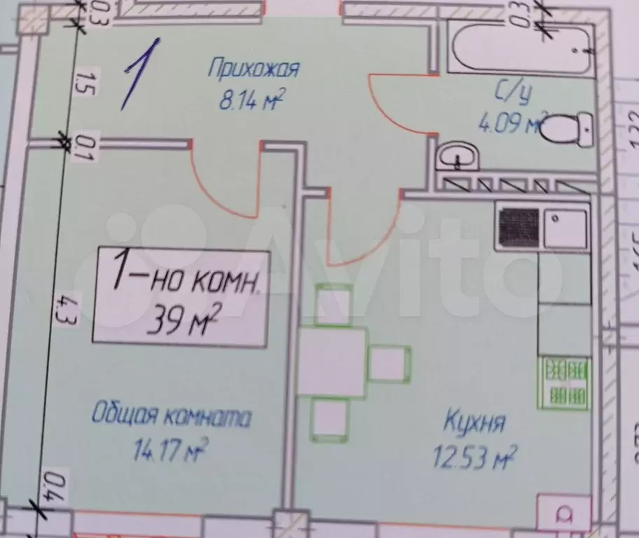 1-к. квартира, 39 м, 1/8 эт. - Фото 0
