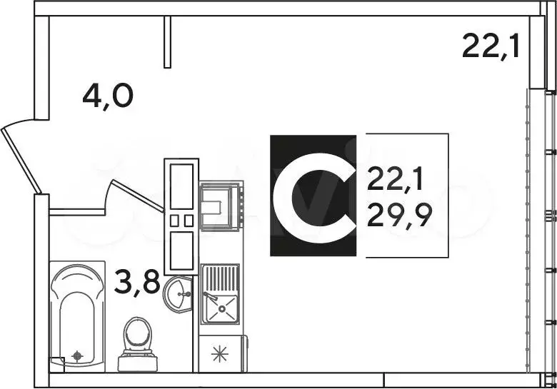 Квартира-студия, 29,9м, 15/16эт. - Фото 1