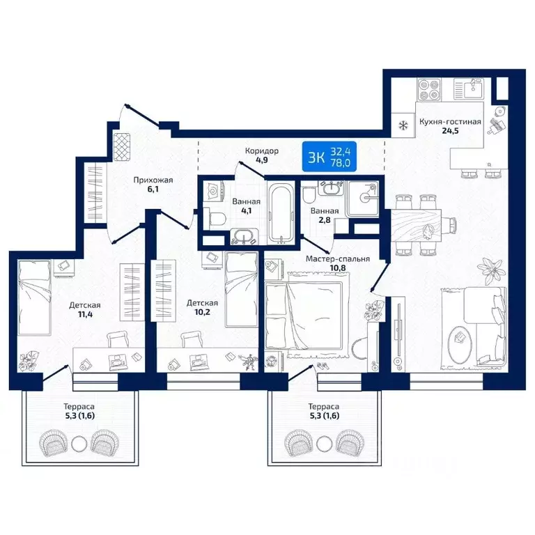 3-к кв. Самарская область, Самара ул. 8-я Радиальная, 31 (78.0 м) - Фото 1