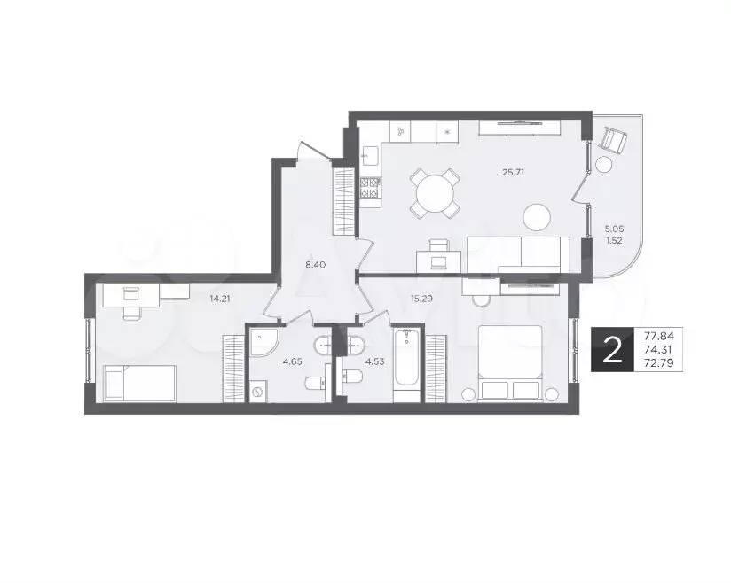 2-к. квартира, 74,3 м, 2/4 эт. - Фото 1