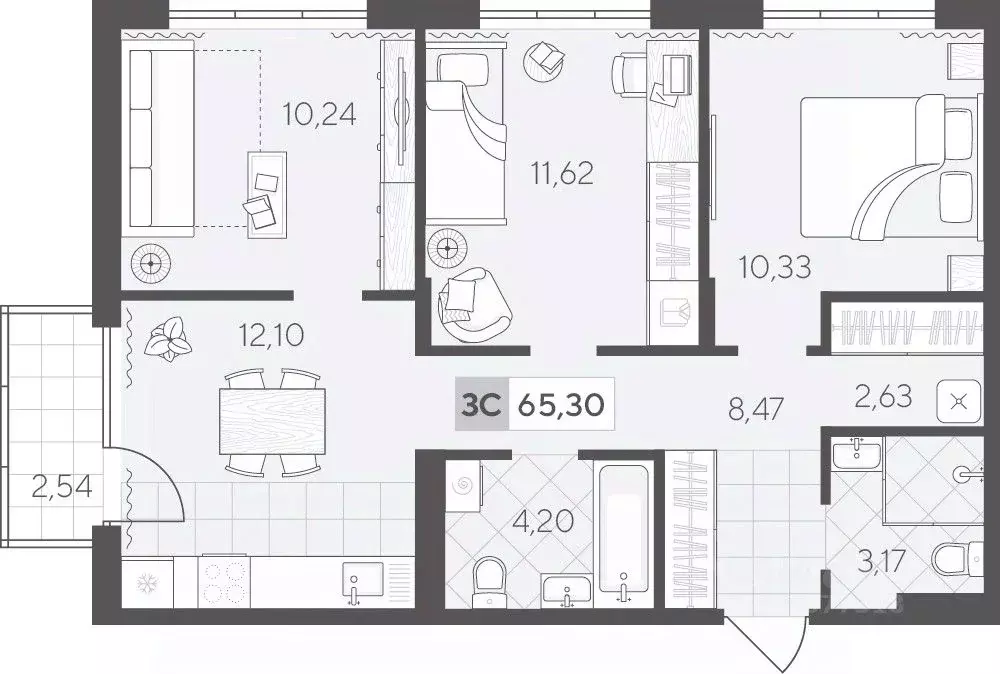 3-к кв. Тюменская область, Тюмень Ново-Гилевский жилрайон,  (65.3 м) - Фото 0