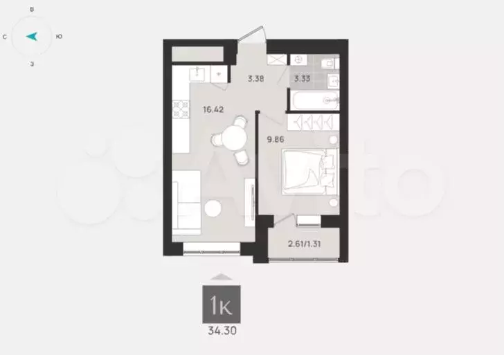 1-к. квартира, 34,3 м, 4/9 эт. - Фото 1
