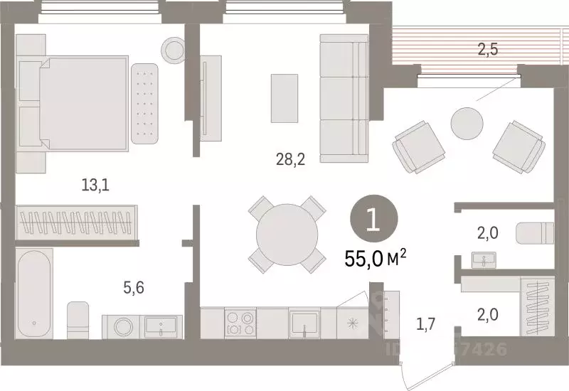 1-к кв. Липецкая область, Липецк пл. Петра Великого, 1 (55.0 м) - Фото 1