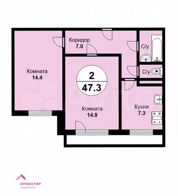 2-к. квартира, 47,3 м, 3/9 эт. - Фото 0