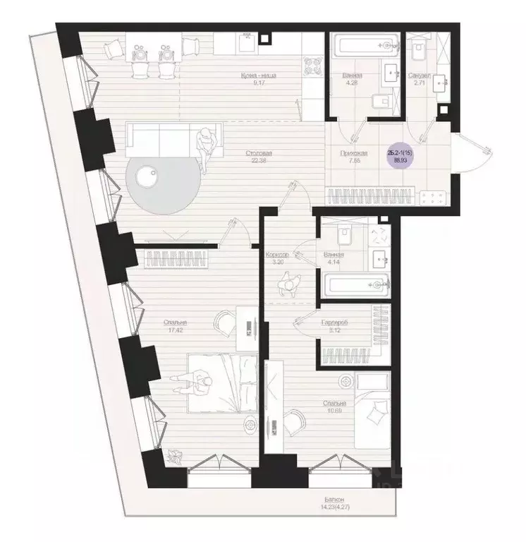 2-к кв. Татарстан, Казань Яналиф жилой комплекс (88.93 м) - Фото 2